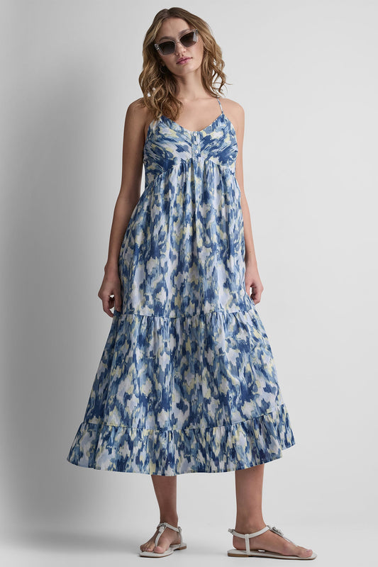 Ikat Blur Chambray DKNY PRINTED TIERED MIDI TANK DRESS