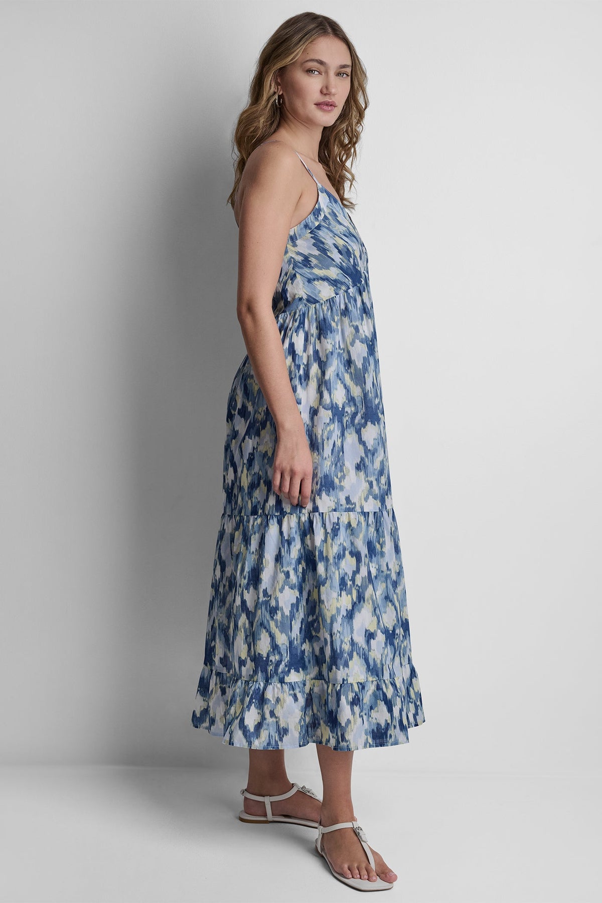 Ikat Blur Chambray DKNY PRINTED TIERED MIDI TANK DRESS