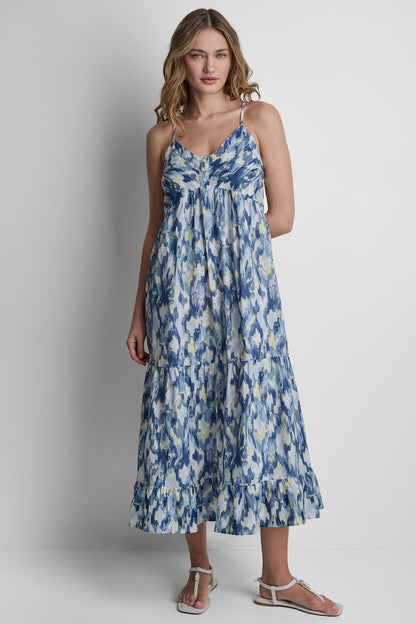 Ikat Blur Chambray DKNY PRINTED TIERED MIDI TANK DRESS