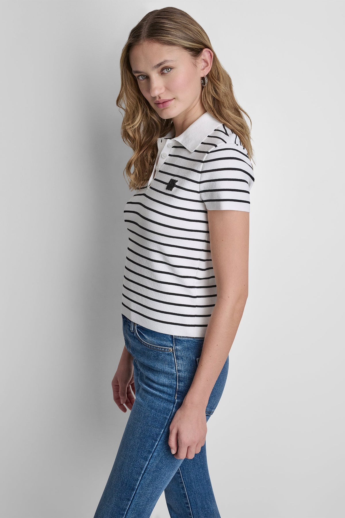 Travertine/Ivory DKNY CROPPED STRIPED POLO SWEATER