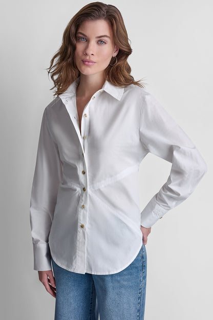 White DKNY POPLIN CUTOUT TIE BACK SHIRT