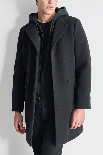 Black DKNY FAUX WOOL COAT WITH HOODED BIB