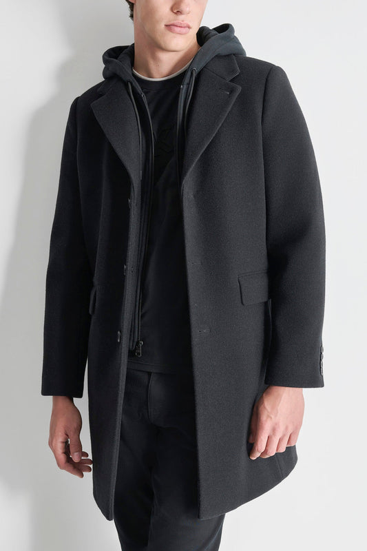 Black DKNY FAUX WOOL COAT WITH HOODED BIB