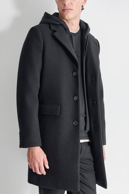 Black DKNY FAUX WOOL COAT WITH HOODED BIB