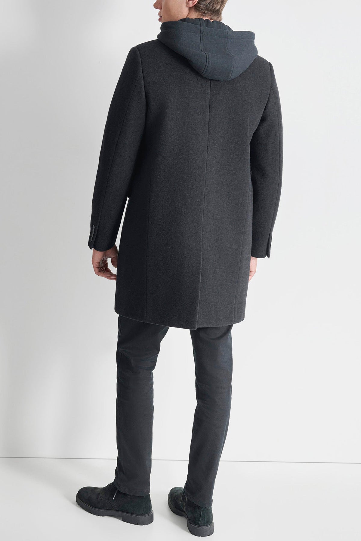 Black DKNY FAUX WOOL COAT WITH HOODED BIB