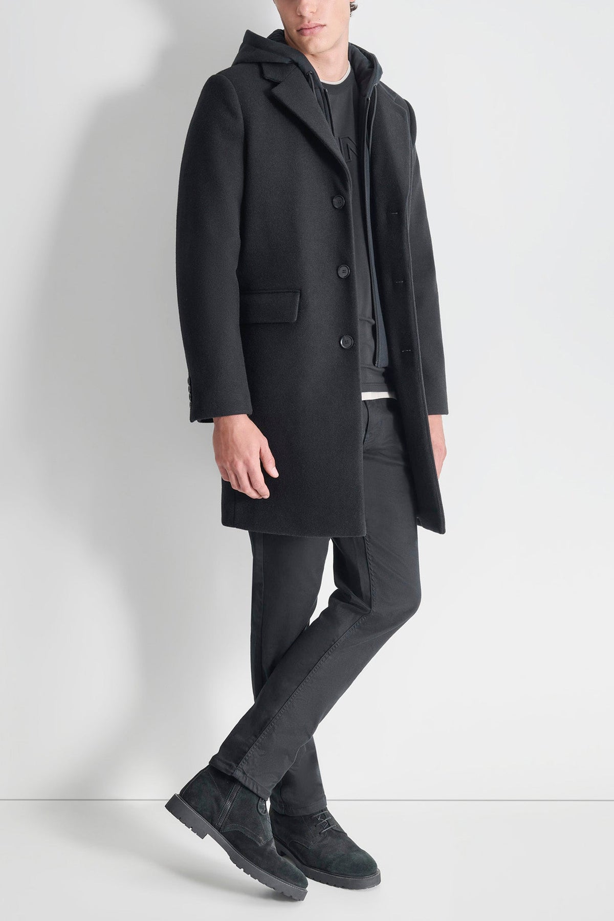 Black DKNY FAUX WOOL COAT WITH HOODED BIB
