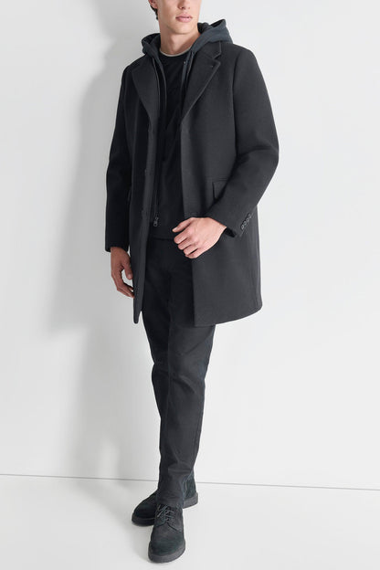 Black DKNY FAUX WOOL COAT WITH HOODED BIB
