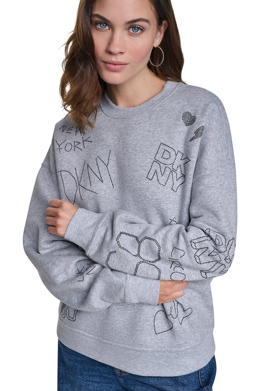 Pearl Grey Heather/Black DKNY RHINESTONE GRAFFITI LOGO SWEATSHIRT