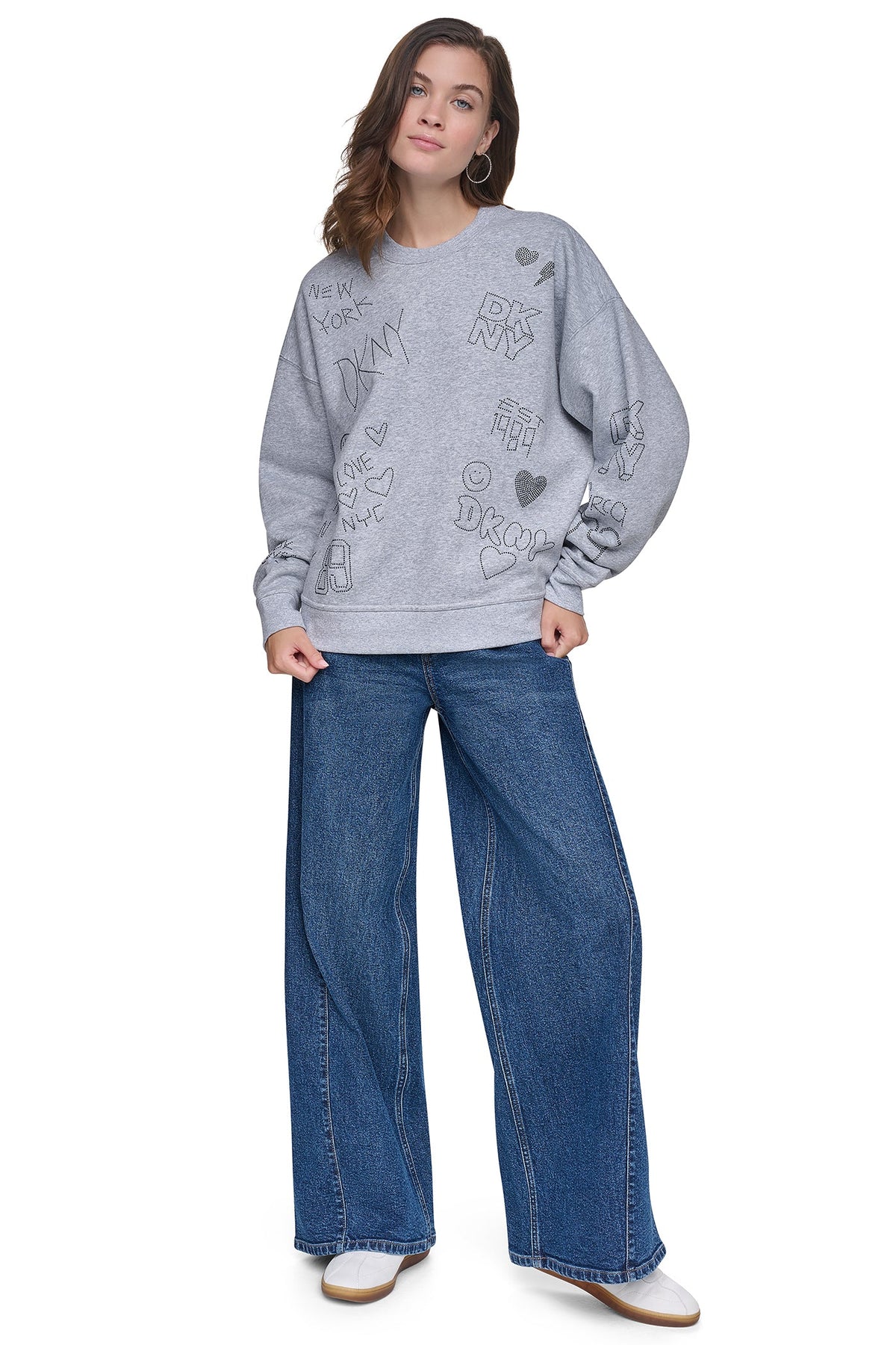 Pearl Grey Heather/Black DKNY RHINESTONE GRAFFITI LOGO SWEATSHIRT