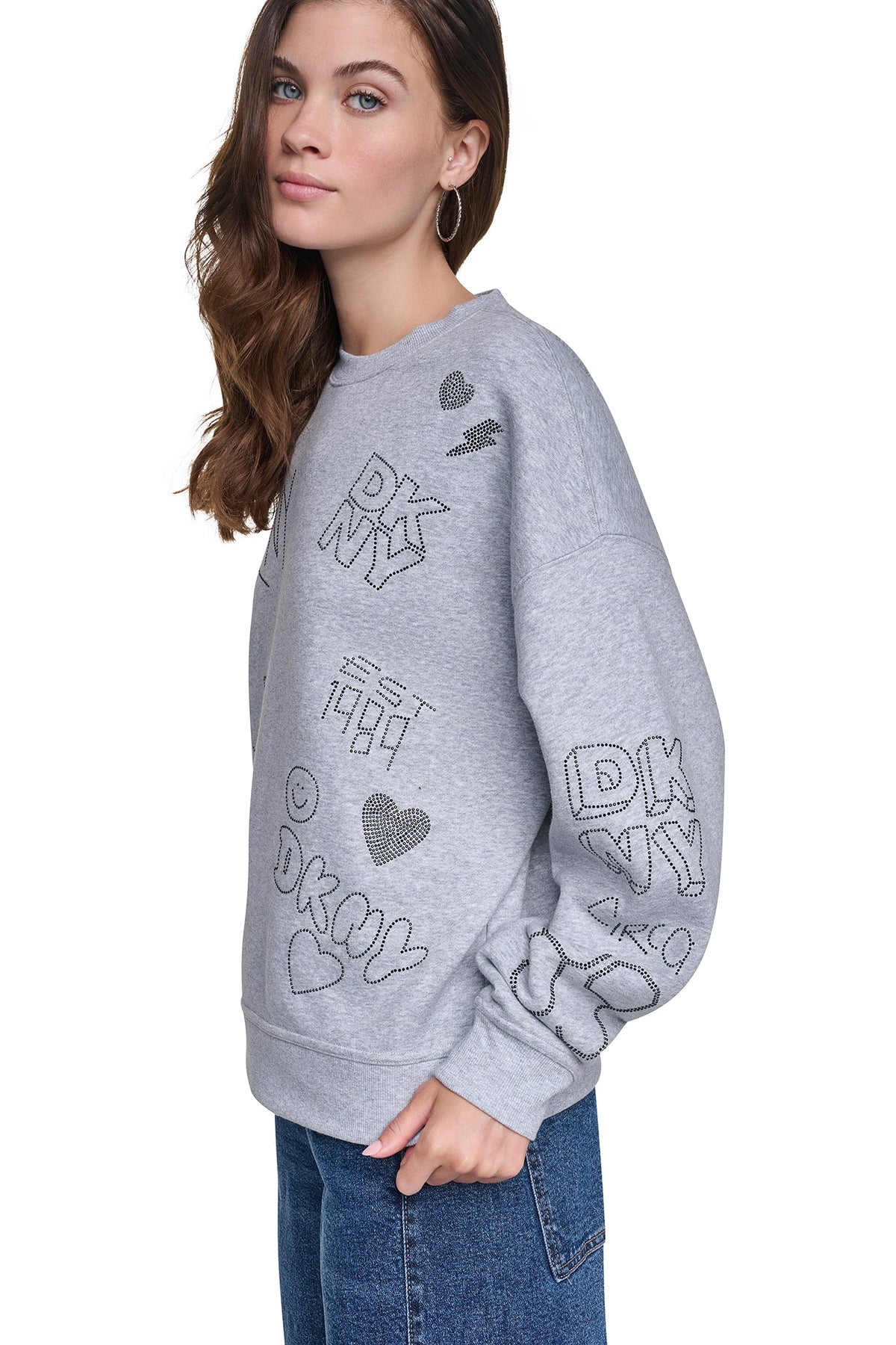 Pearl Grey Heather/Black DKNY RHINESTONE GRAFFITI LOGO SWEATSHIRT