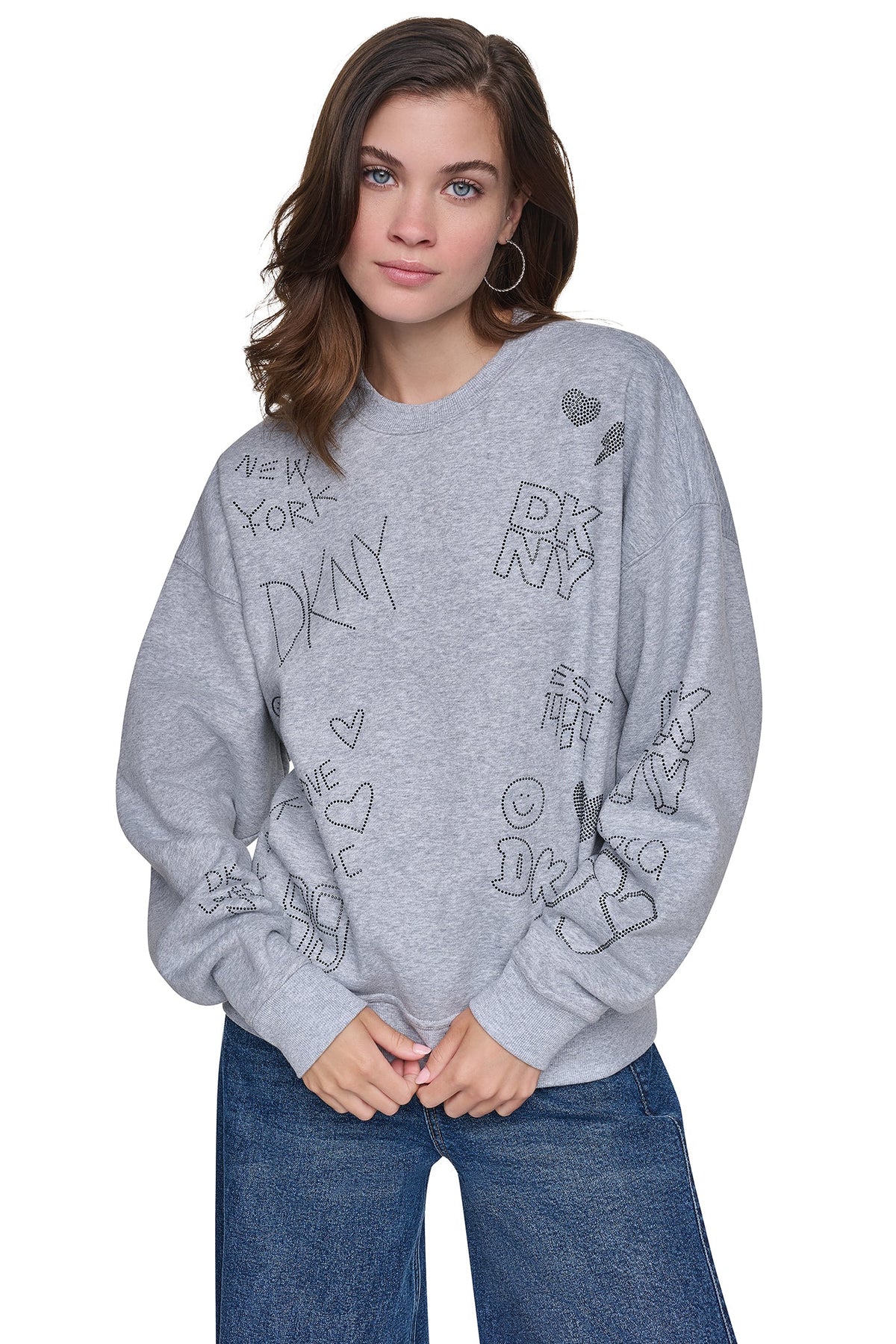 Pearl Grey Heather/Black DKNY RHINESTONE GRAFFITI LOGO SWEATSHIRT