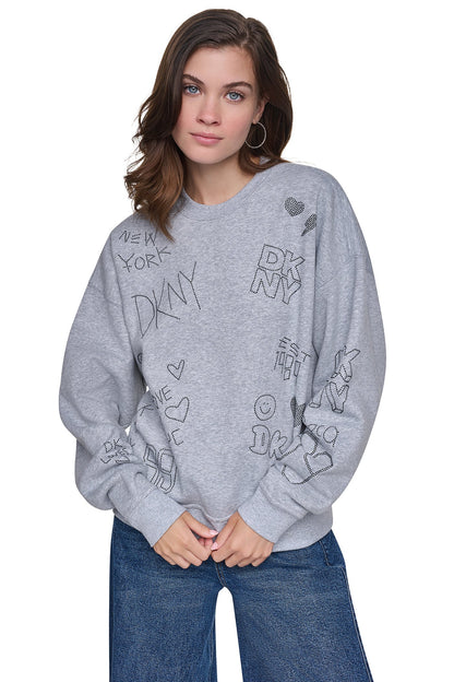 Pearl Grey Heather/Black DKNY RHINESTONE GRAFFITI LOGO SWEATSHIRT