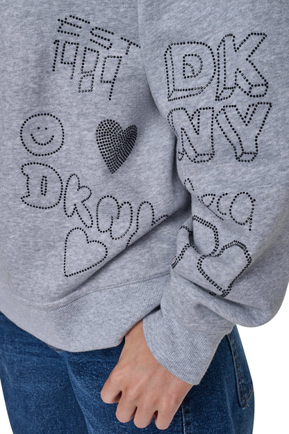 Pearl Grey Heather/Black DKNY RHINESTONE GRAFFITI LOGO SWEATSHIRT