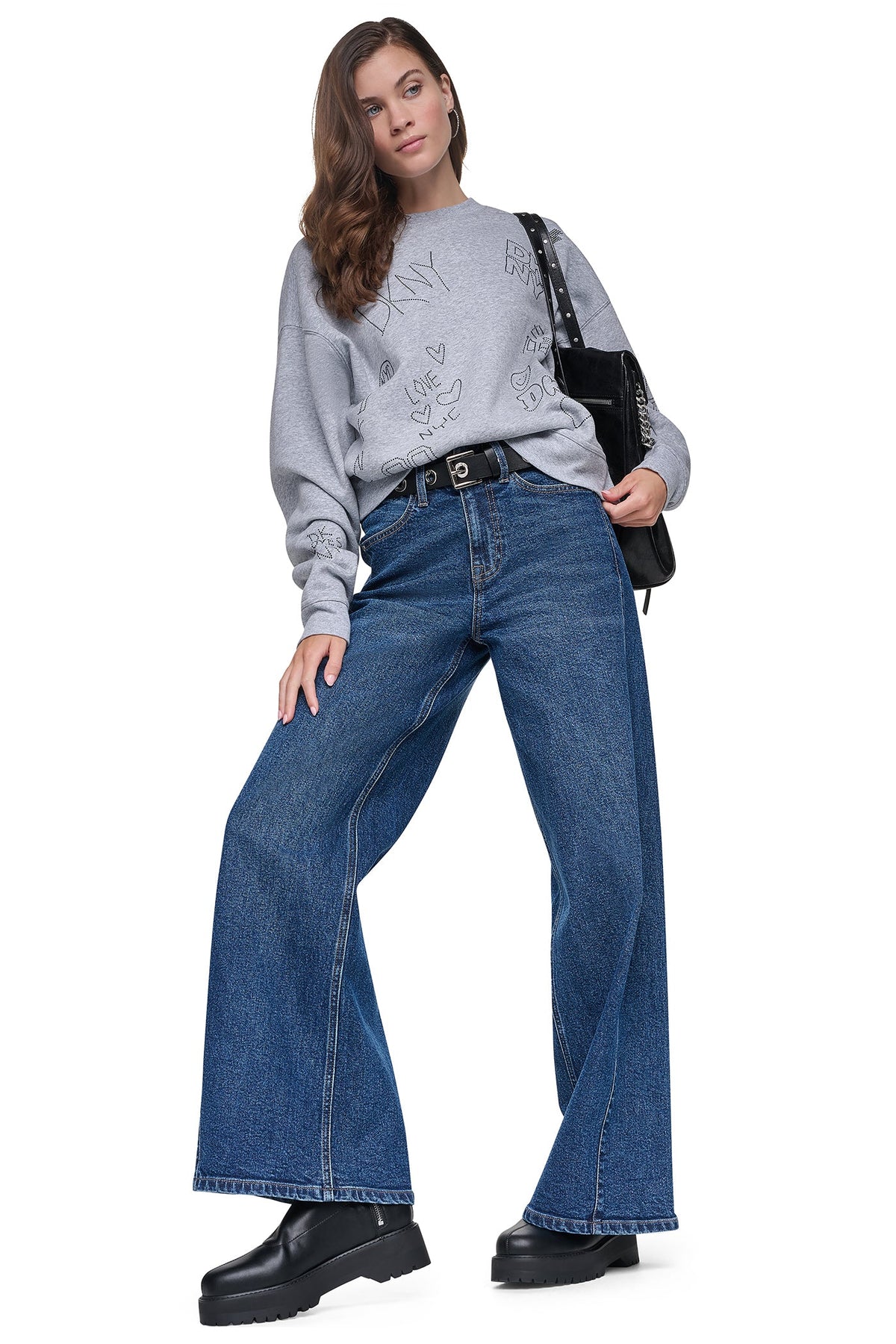 Pearl Grey Heather/Black DKNY RHINESTONE GRAFFITI LOGO SWEATSHIRT