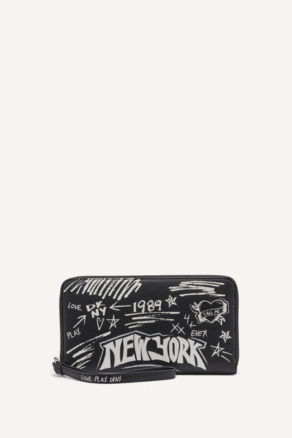 Black DKNY BRYAR LARGE ZIP AROUND WALLET WITH WRISTLET