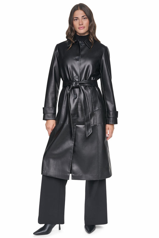 Black DKNY FAUX LEATHER BELTED LONG TRENCH