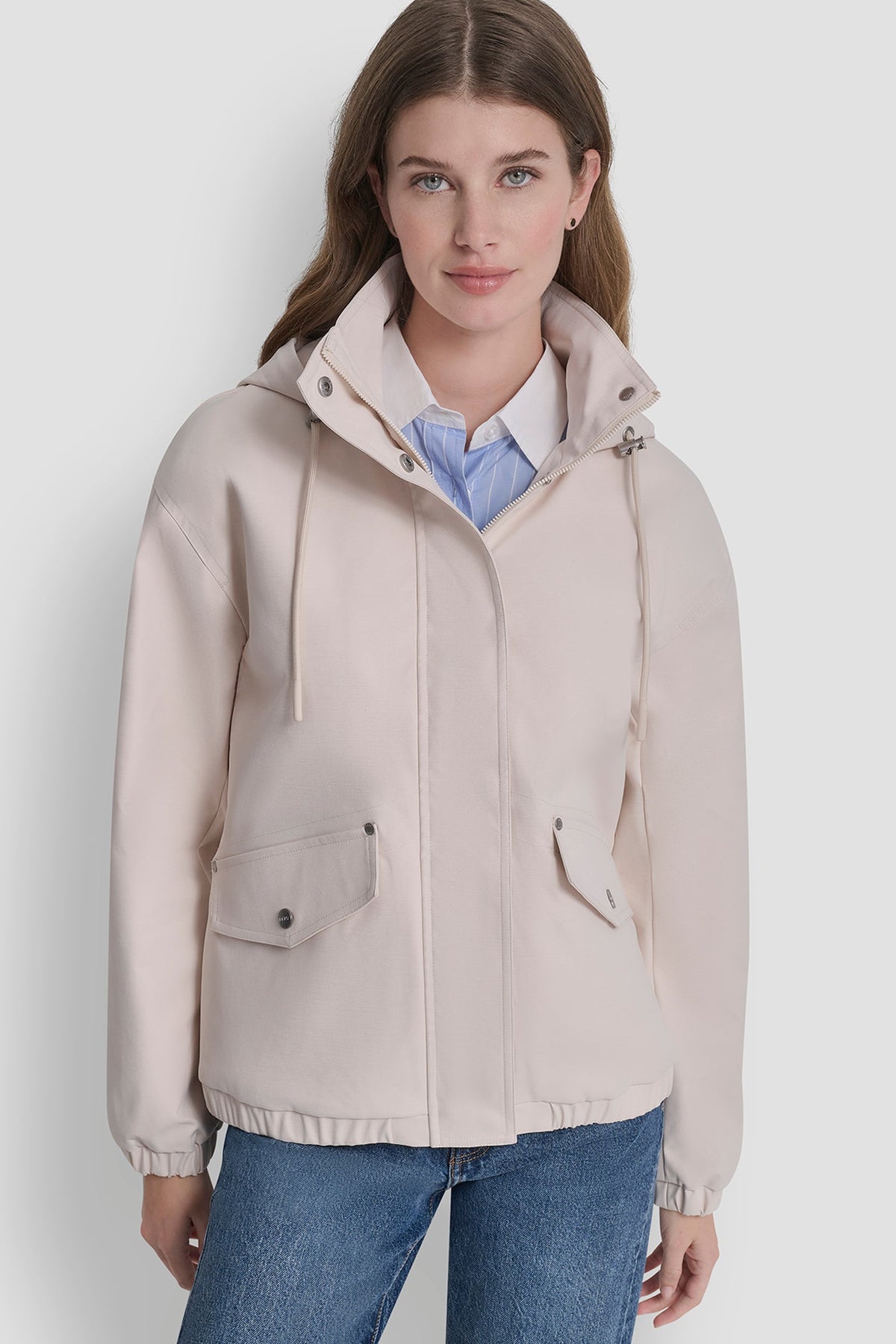Parchment DKNY HIGH COLLAR BOMBER JACKET WITH HOOD