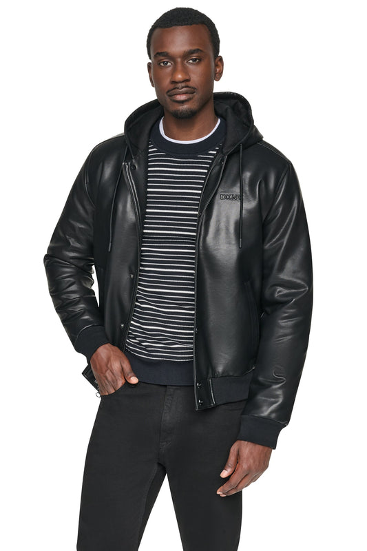 Black DKNY FAUX LEATHER HOODED BOMBER JACET