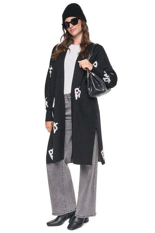 Black/Ivory DKNY ALL-OVER STACK LOGO LONG CARDIGAN