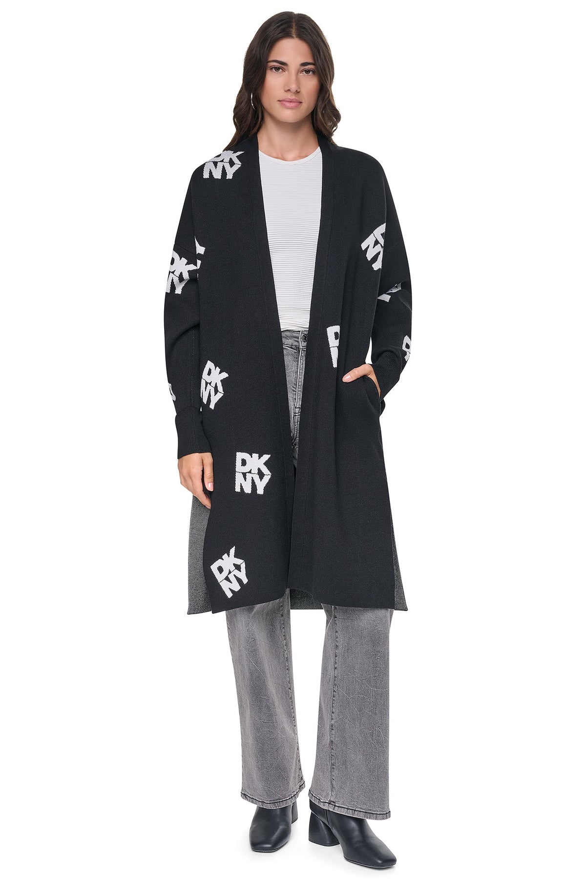 Black/Ivory DKNY ALL-OVER STACK LOGO LONG CARDIGAN