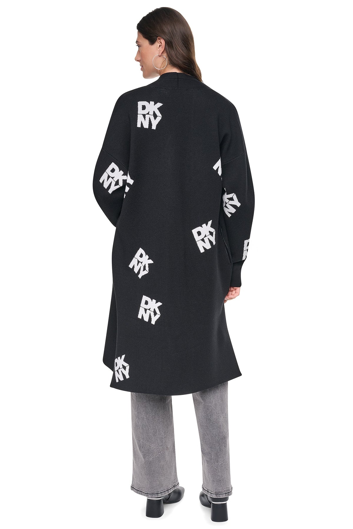 Black/Ivory DKNY ALL-OVER STACK LOGO LONG CARDIGAN