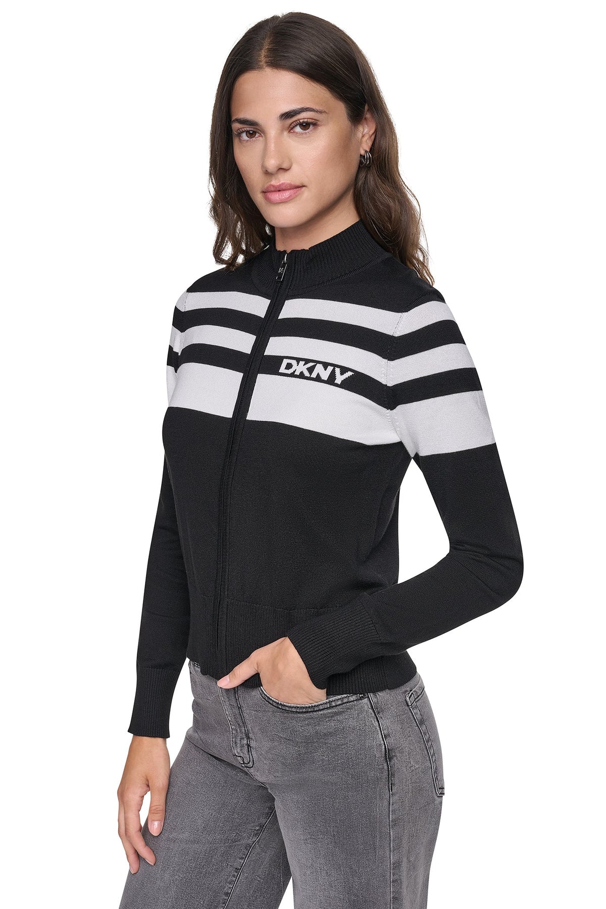 Ivory/Black DKNY STRIPED MOCK NECK ZIP SWEATER