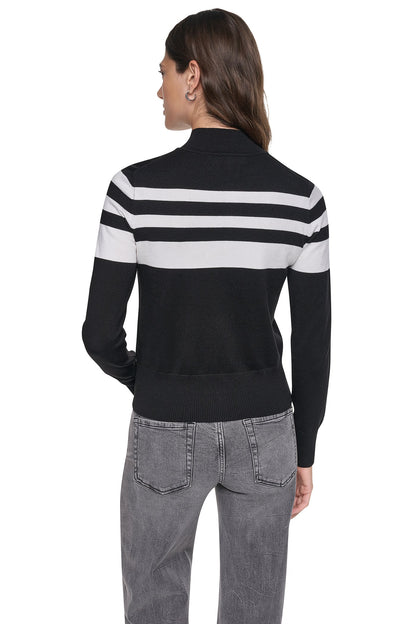 Ivory/Black DKNY STRIPED MOCK NECK ZIP SWEATER
