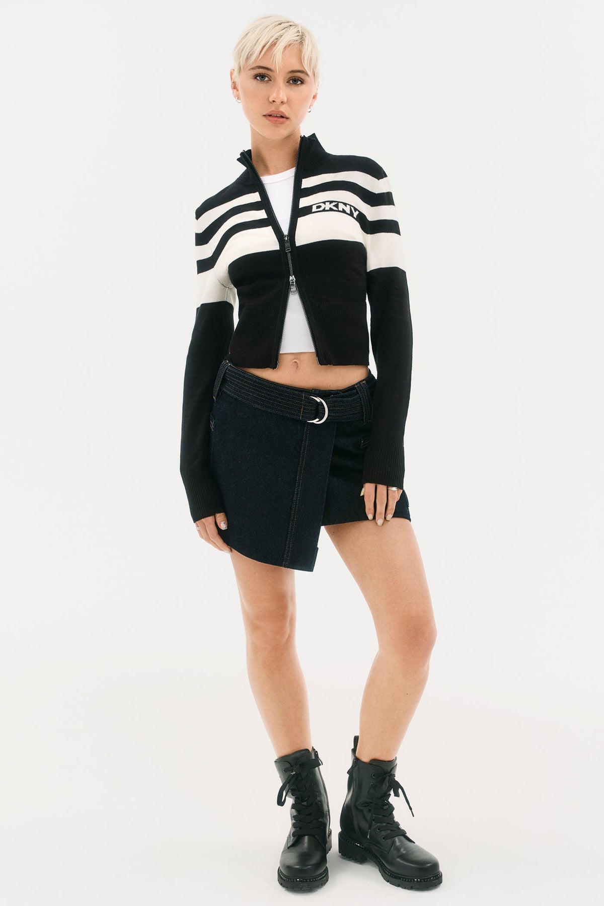 Black/Ivory DKNY STRIPED MOCK NECK ZIP SWEATER