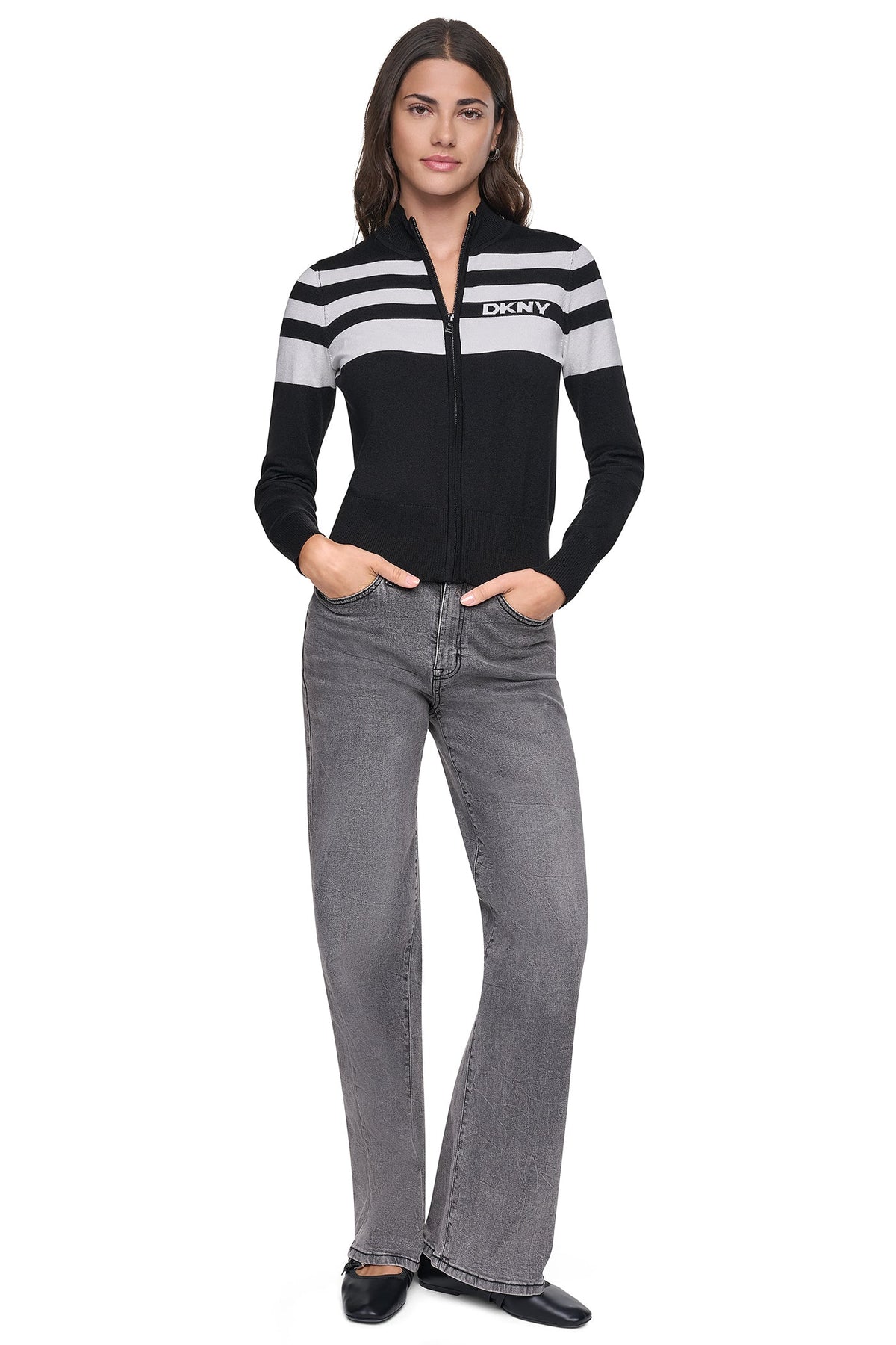 Black/Ivory DKNY STRIPED MOCK NECK ZIP SWEATER