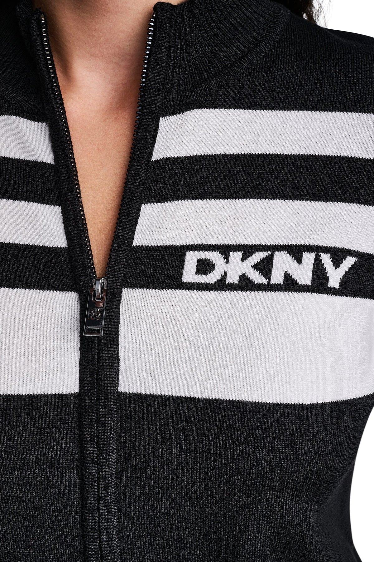 Black/Ivory DKNY STRIPED MOCK NECK ZIP SWEATER