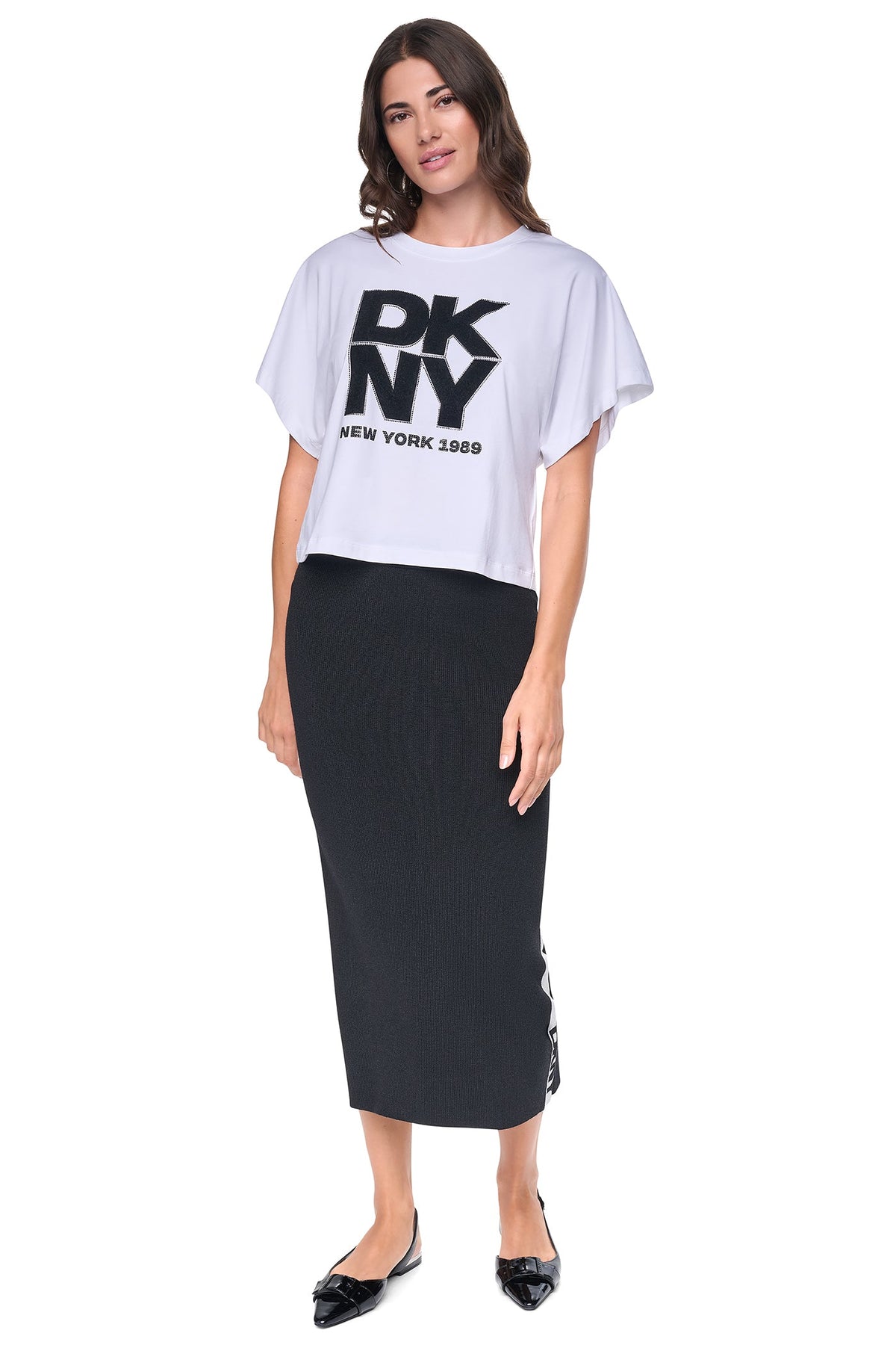Black/Ivory DKNY LOGO STRIPE SWEATER SKIRT