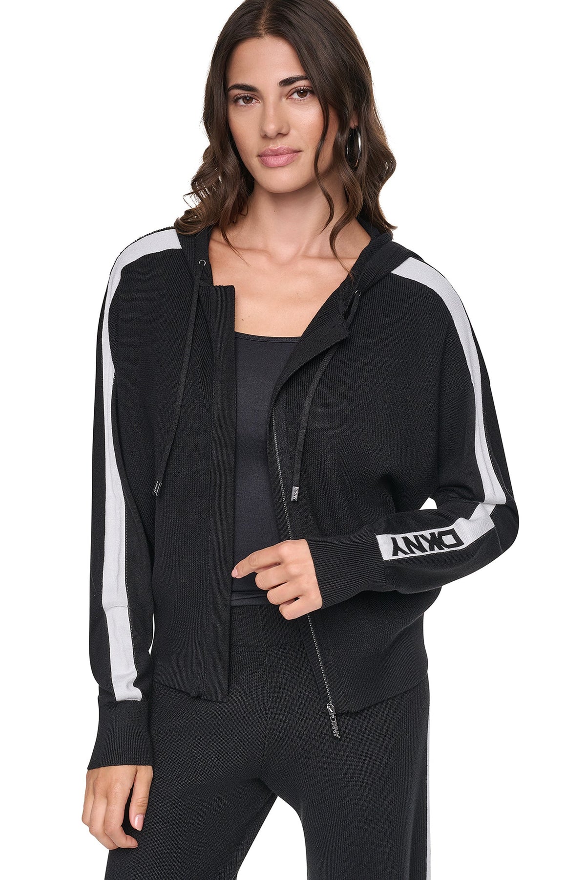 Black/Ivory DKNY LOGO STRIPE HOODIE SWEATER