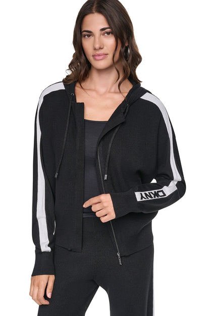 Black/Ivory DKNY LOGO STRIPE HOODIE SWEATER