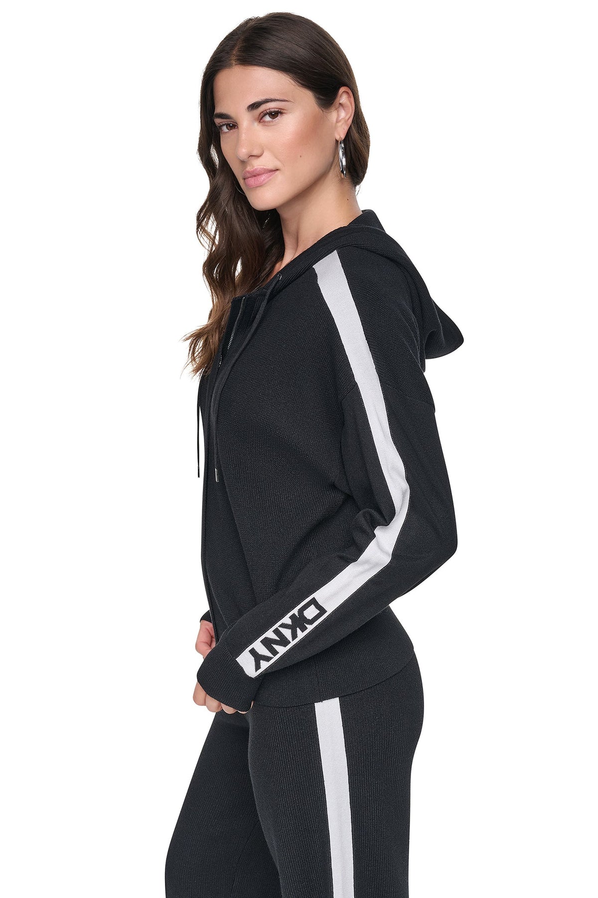 Black/Ivory DKNY LOGO STRIPE HOODIE SWEATER