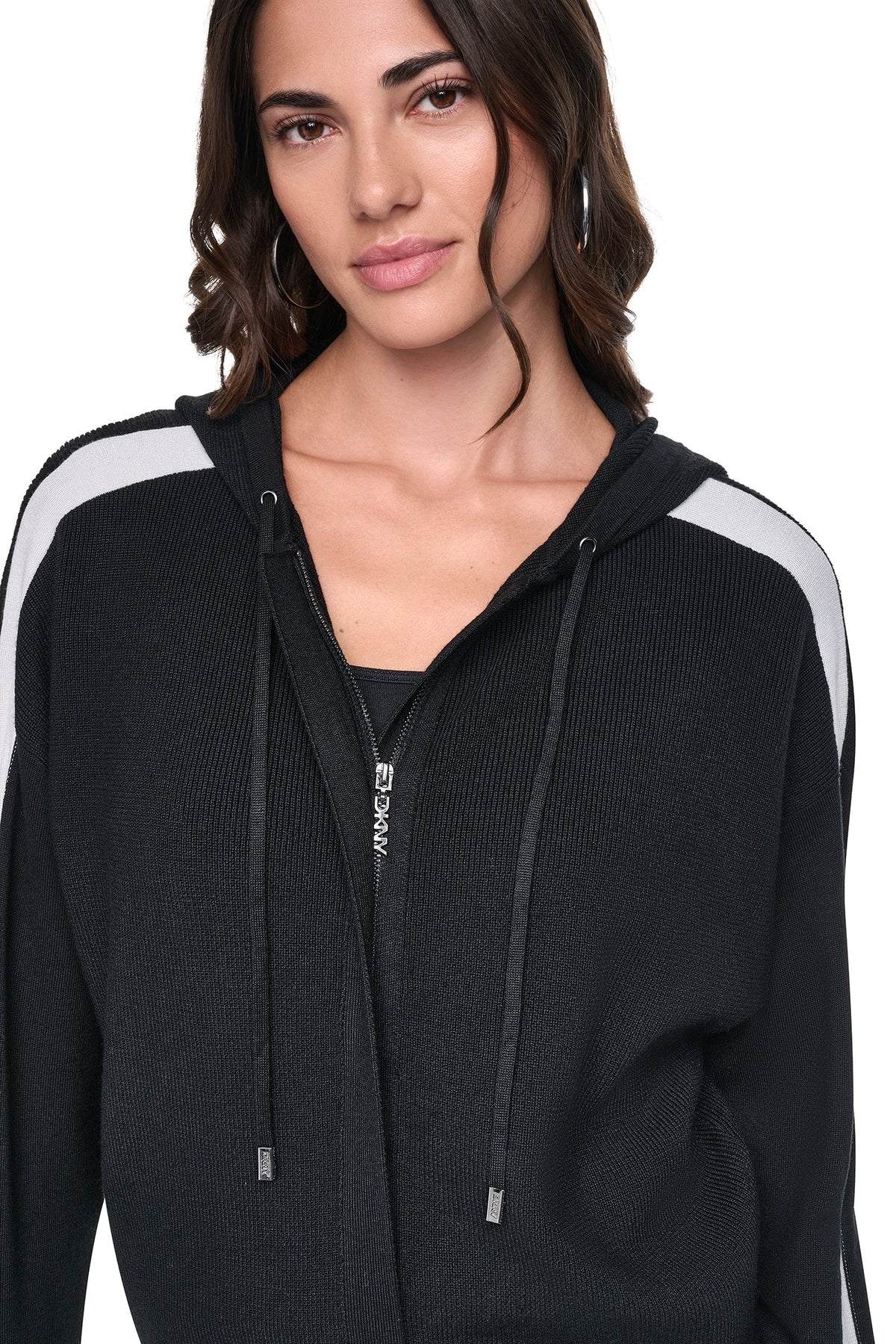 Black/Ivory DKNY LOGO STRIPE HOODIE SWEATER
