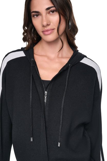 Black/Ivory DKNY LOGO STRIPE HOODIE SWEATER