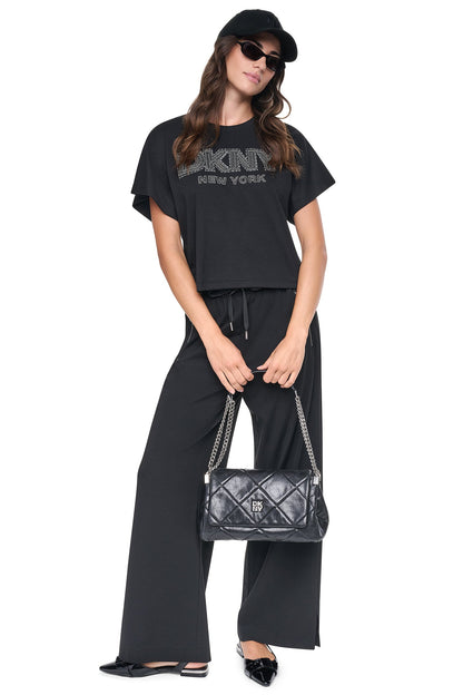 White DKNY EMBELLISHED LOGO DOLMAN TEE