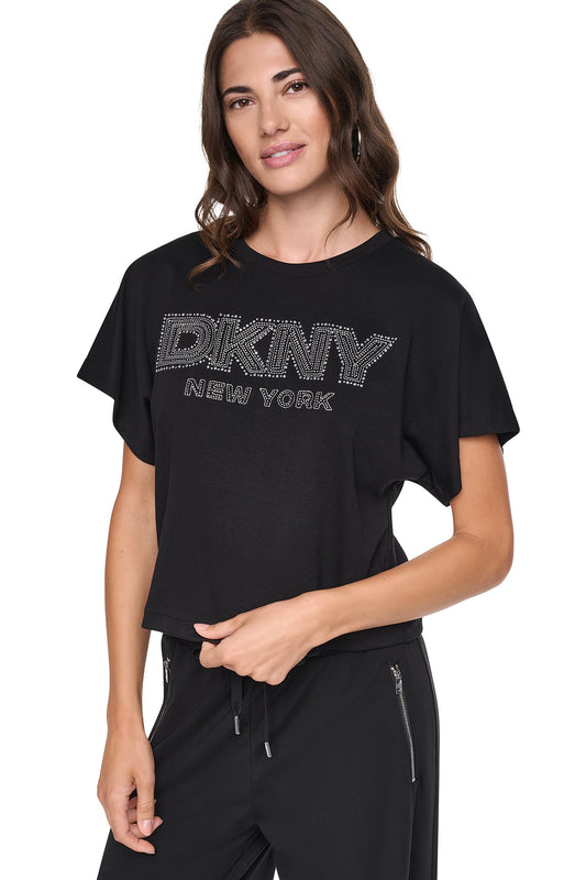 Black DKNY EMBELLISHED LOGO DOLMAN TEE
