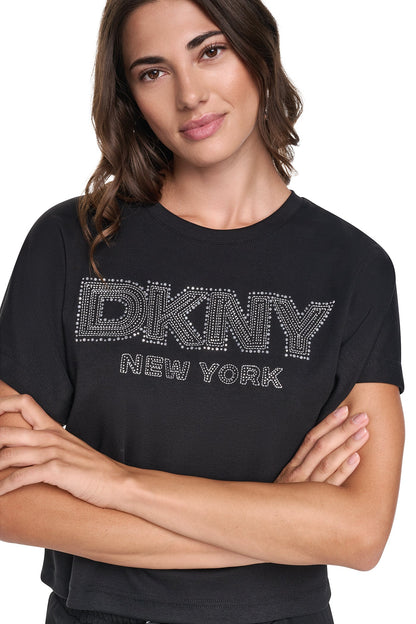 Black DKNY EMBELLISHED LOGO DOLMAN TEE