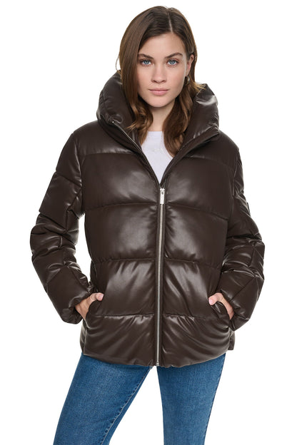 Espresso DKNY FAUX LEATHER PUFFER JACKET