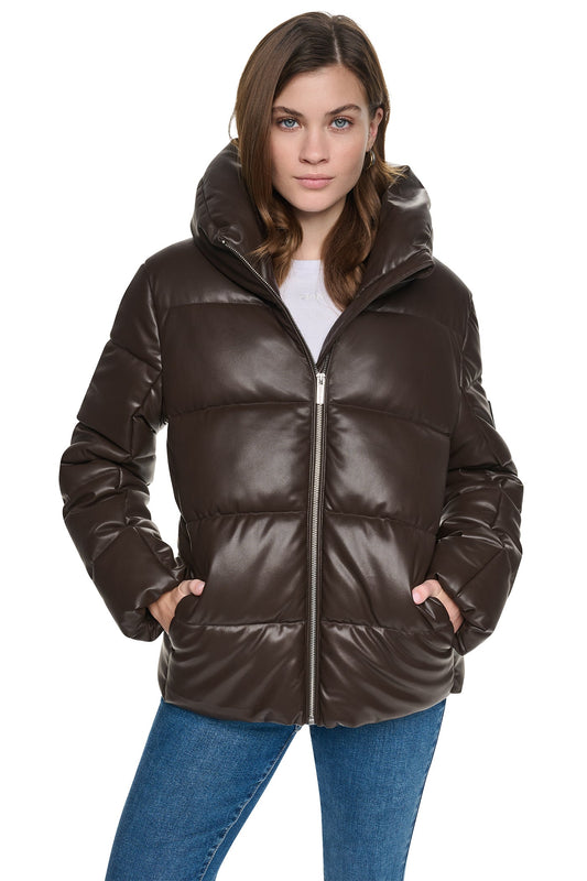 Espresso DKNY FAUX LEATHER PUFFER JACKET