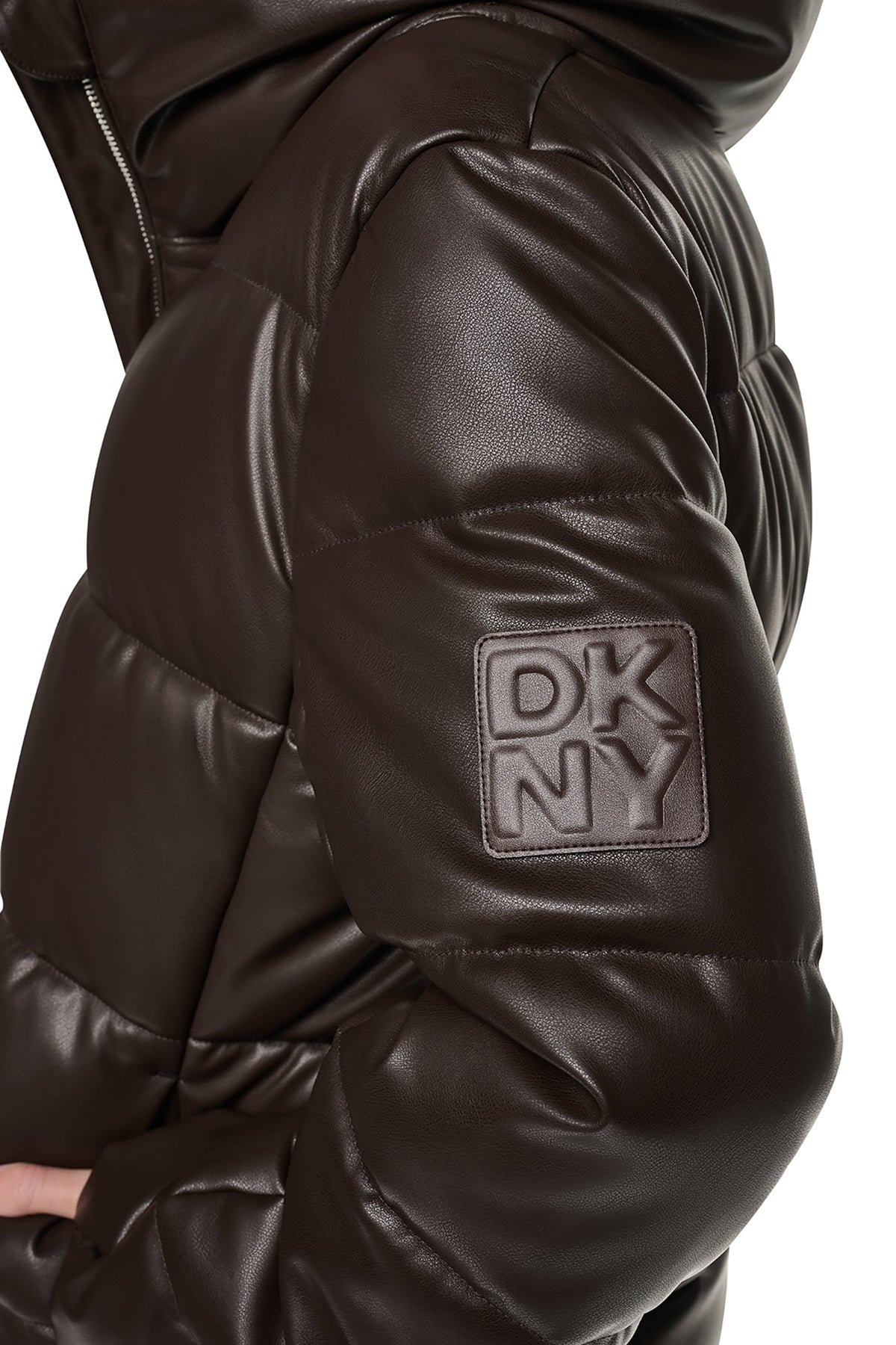 Espresso DKNY FAUX LEATHER PUFFER JACKET