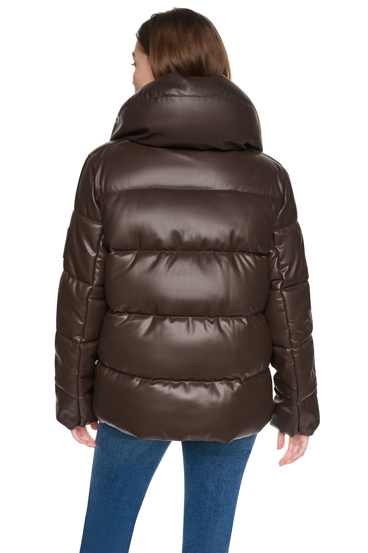 Espresso DKNY FAUX LEATHER PUFFER JACKET