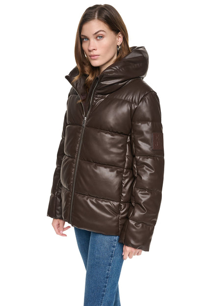 Espresso DKNY FAUX LEATHER PUFFER JACKET