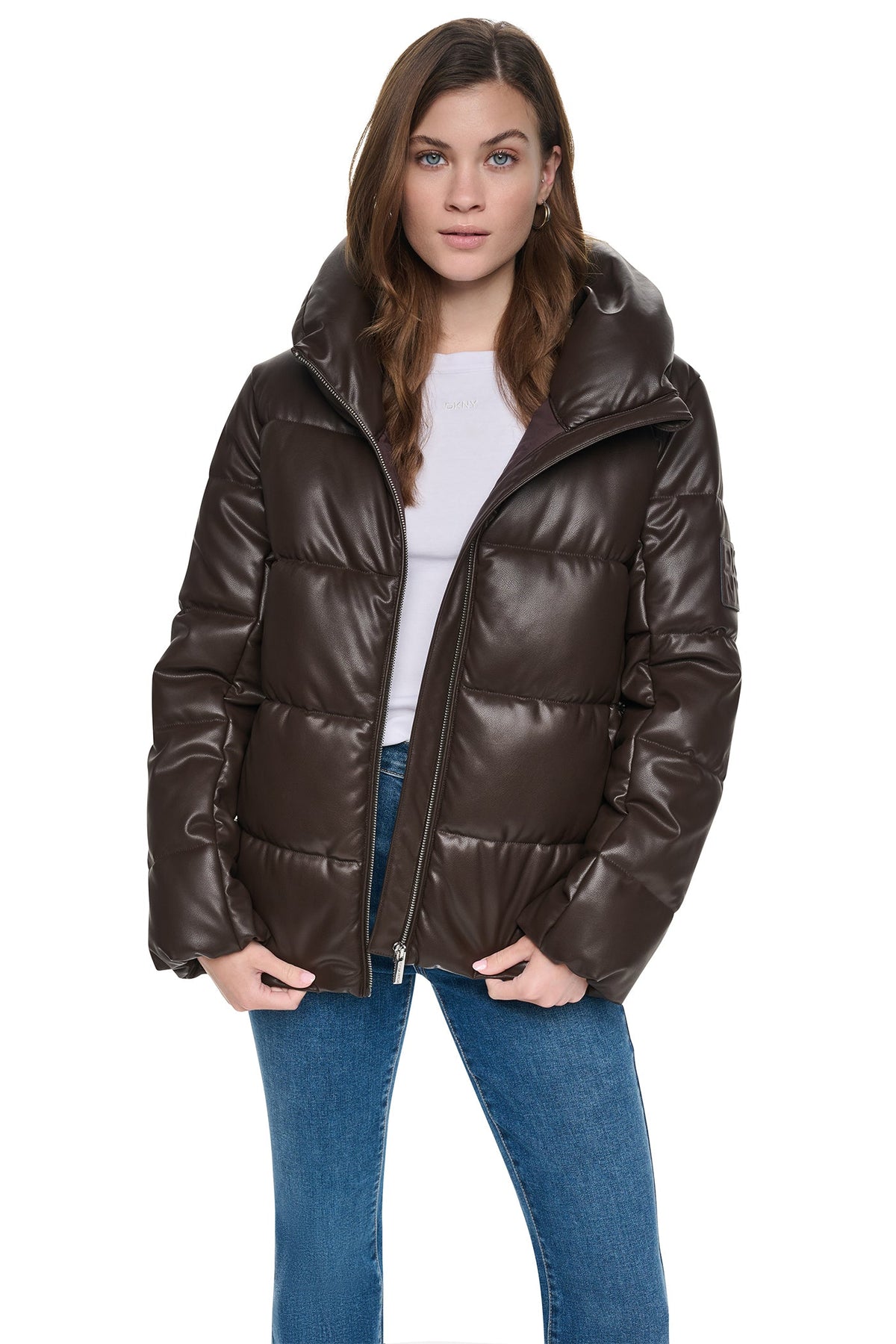 Espresso DKNY FAUX LEATHER PUFFER JACKET
