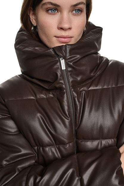 Espresso DKNY FAUX LEATHER PUFFER JACKET