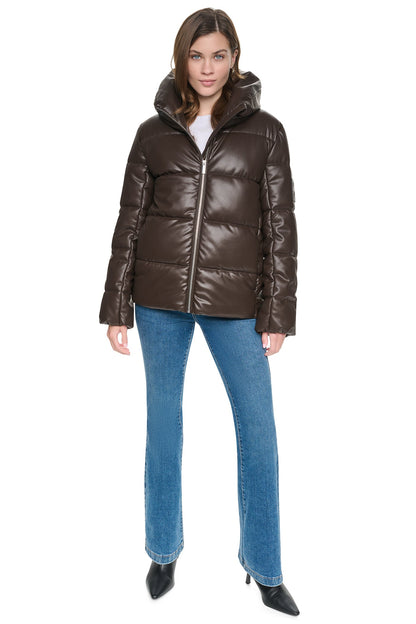 Espresso DKNY FAUX LEATHER PUFFER JACKET