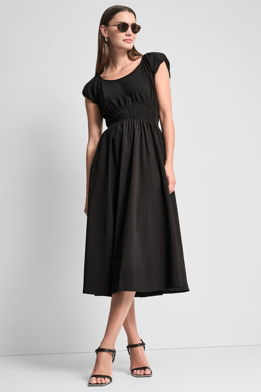 Black DKNY PUFF SLEEVE FIT & FLARE MIDI DRESS