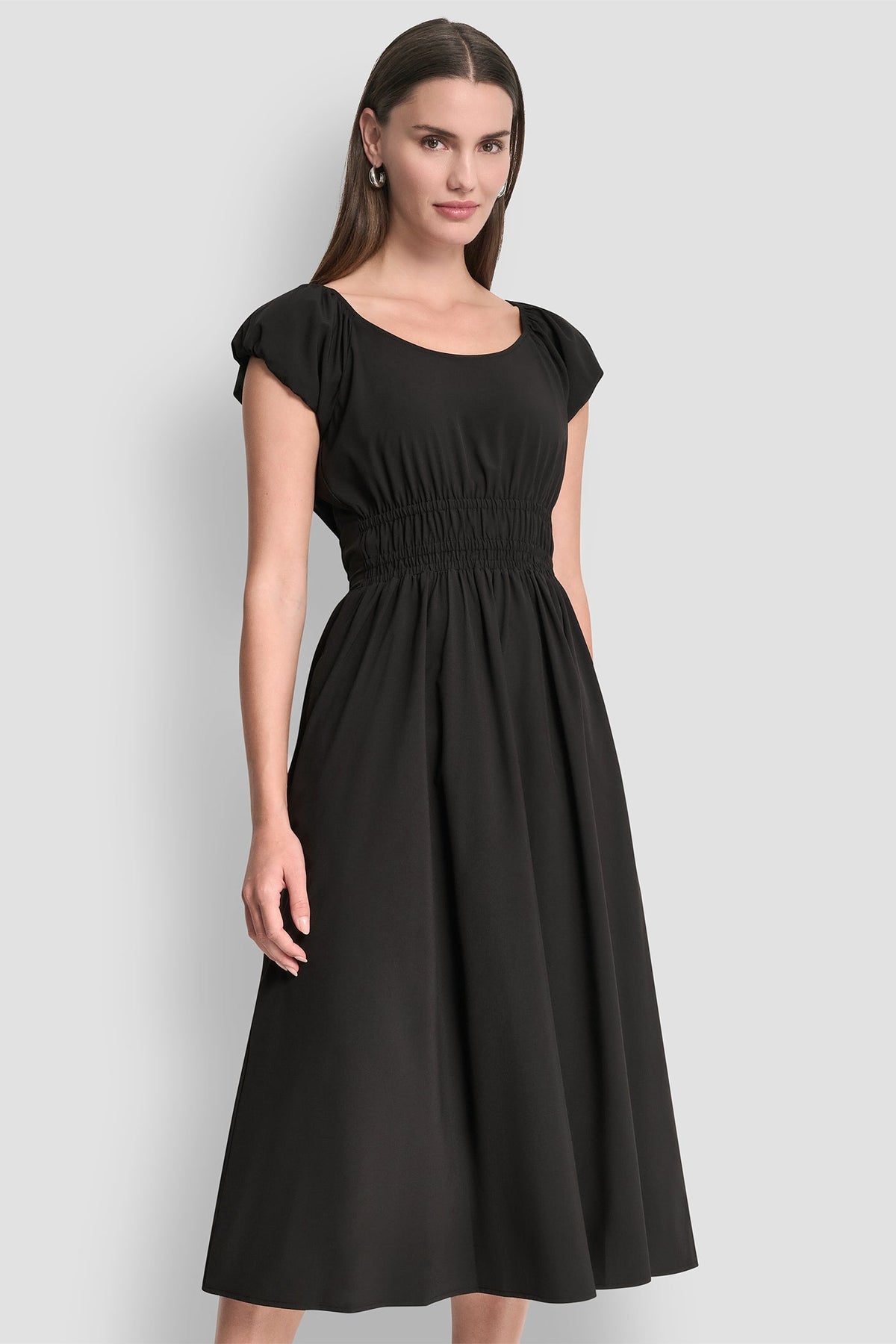 Black DKNY PUFF SLEEVE FIT & FLARE MIDI DRESS