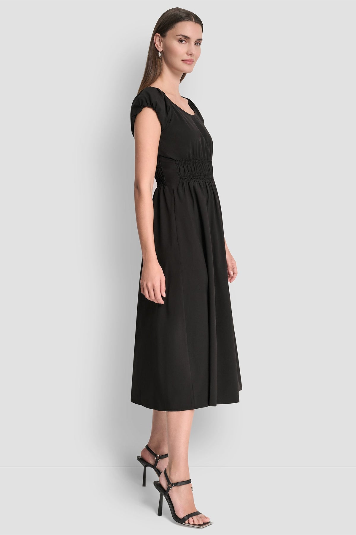 Black DKNY PUFF SLEEVE FIT & FLARE MIDI DRESS
